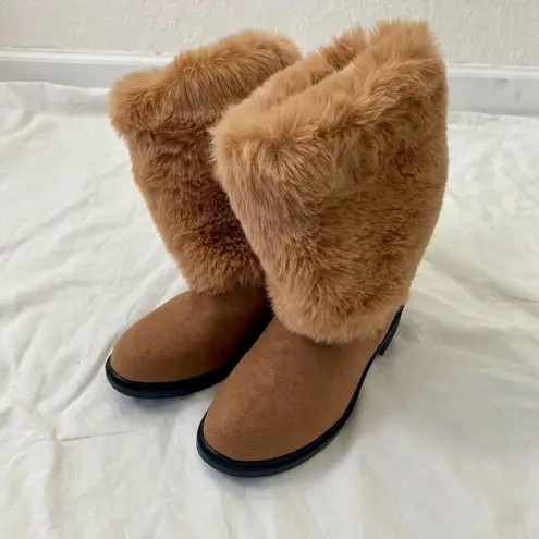 NEW Chunky Tan Brown Fuzzy Teddy Faux Fur Fold Over Mid Calf Winter Boots US 7.5