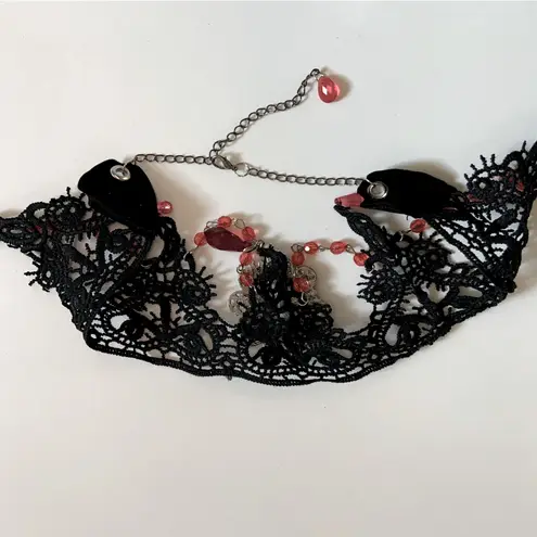 Black Lace Choker Necklace With Skeleton Cameo Pendant NEW