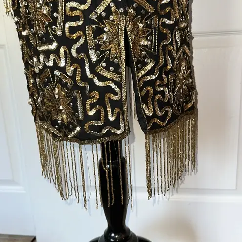VTG CERVELLE SILK BLACK & GOLD SEQUIN BEADED FRINGE DRESS PARTY Holiday nye