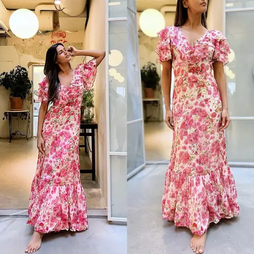 🆕 BYTIMO Organza Floral Tieback Maxi Dress in Pink Daisy Sz XS