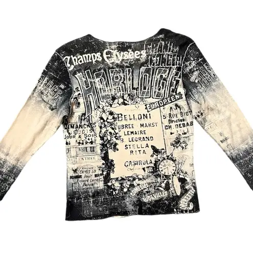 Vintage Y2K Top Long Sleeve Shirt French Paris Sequins Bling S Small M Medium Tan