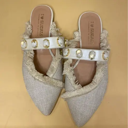 I Love Sandals Beige Linen Fringe Mule Flats Size 38 EU / 7 US White