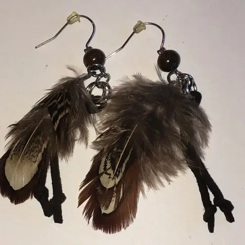Feather Boho Dangle Earrings with Brown Accents