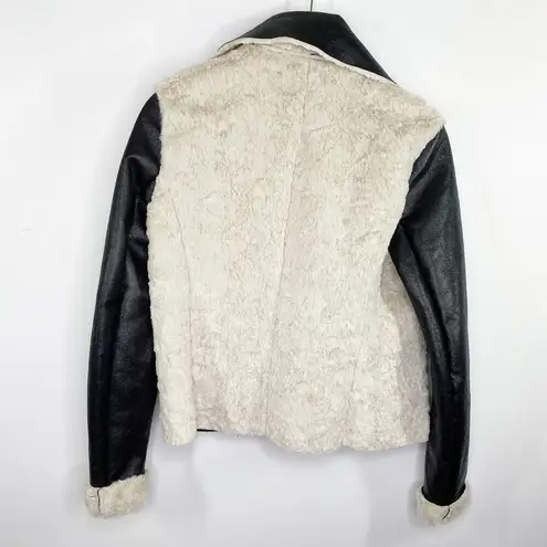 FC Jeans Women Faux Fur Lined Moto Jacket Black Cream Sz 6 Sherpa Vegan Leather