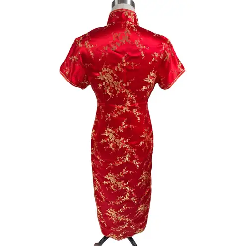 90s Vtg Cheongsam Dress Yue He Shi Lu Red/Gold Brocade Dress WIggle Gown Sz S Red