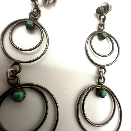 Sterling silver and turquoise double circle long drop earrings