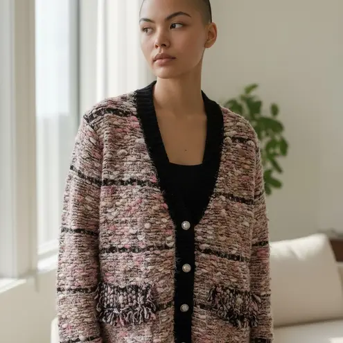 R FASHION Apparel Thread Textured Knit Cardigan Sweater Jacket Fringe Size L/XL Black Size L