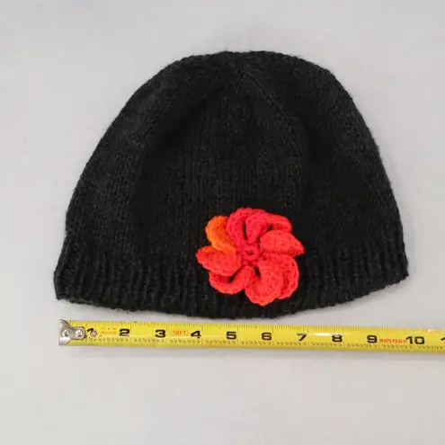 Black Floral Multi Color Cable Knit Crochet Cozy Cottage Beanie Hat Cap OS