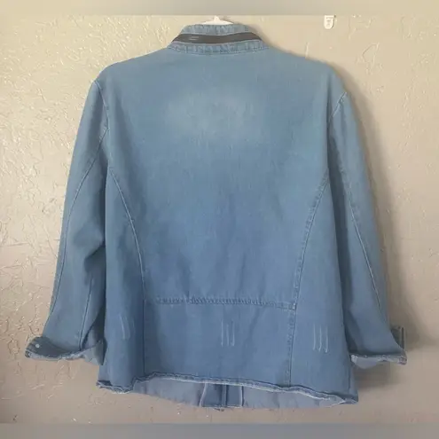 VTG SUSIELADY MOTO Denim Jacket Coat L Blue Faded Distressed Retro Trucker Y2K Size L