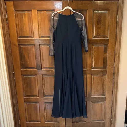 JJ's House JJ’s House Dark Navy Evening Gown Size 8 Beaded Sleeve Floor Length Formal Dress