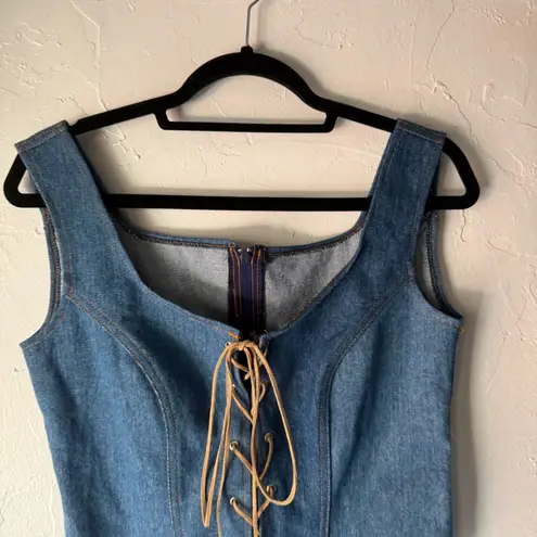 Women Denim Corset Top Lace Up Front Sleeveless Zip Western Going Out S Festival Blue