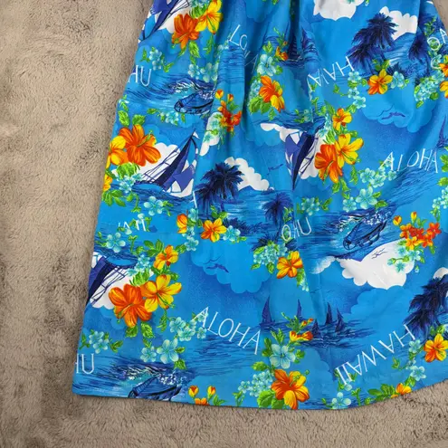 Vintage Made in Hawaii Aloha Dress Floral Print Island Cruise Dress Size L Blue Size L
