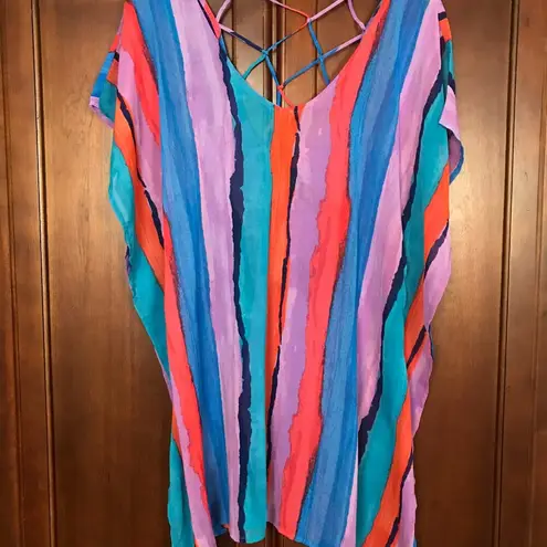 Beach Club Palisades  Women Colorful Sheer Swimsuit Cover-Up Tassels Size XS/S