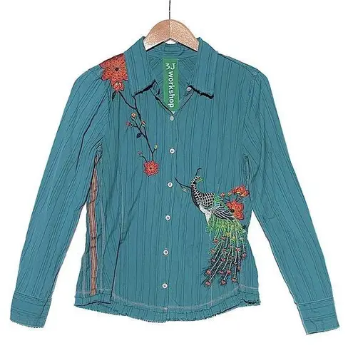 Johnny Was 3J Workshop Peacock and Floral Embroidered Button Down Top medium