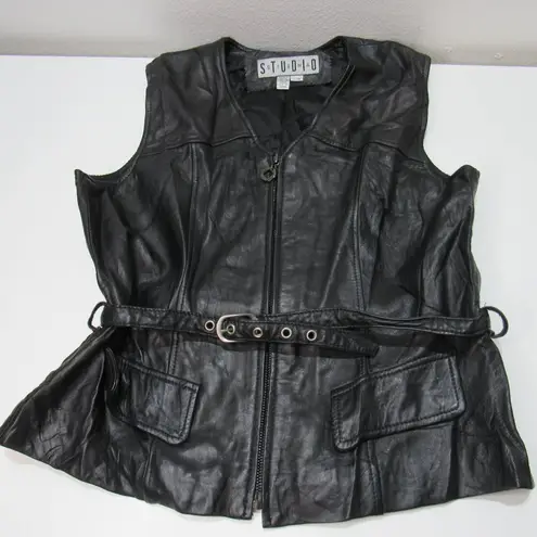 Vtg Siena Studio Women's lg Black Soft Leather Vest w/belt Moto Y2k Goth Grunge