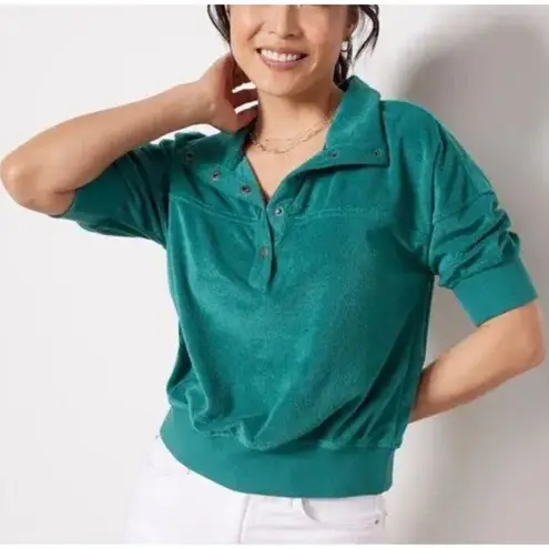 Evereve  Kelly Green Charli Terry Cloth Short Sleeve Snap Chest Sweatshirt XL