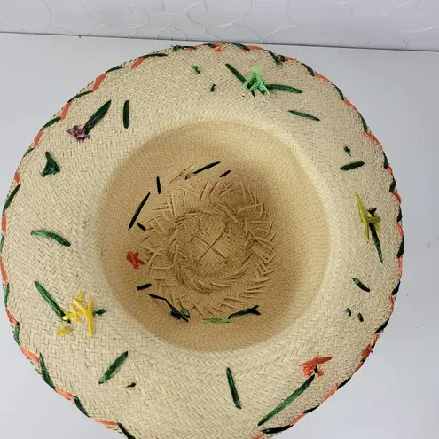 Raffia Floral Embellished Flat Brim Summer Sun Hat Cream Straw Multicolor