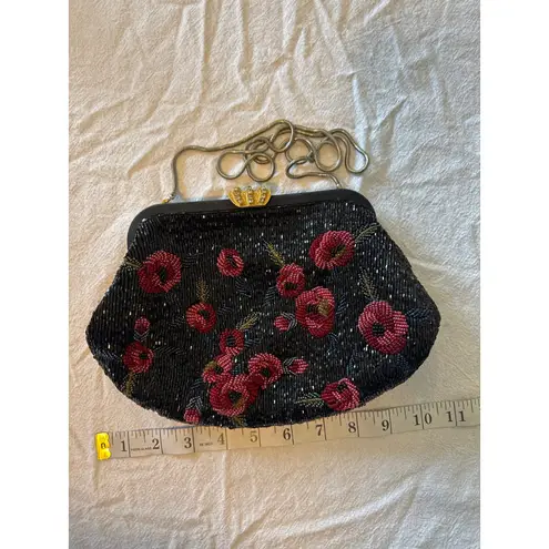 Vintage Style La Regale Beaded Evening Clutch Purse Black Red Floral