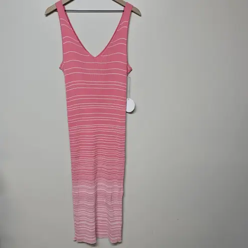 STAUD NWT Dana Dress Sz XL Pink White Ombre Striped Ribbed Knit Midi Stretch