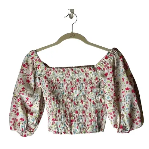 Sokie Collective Shirt Women Small Greenwich Floral Puff Sleeve Smocked Top NWT White