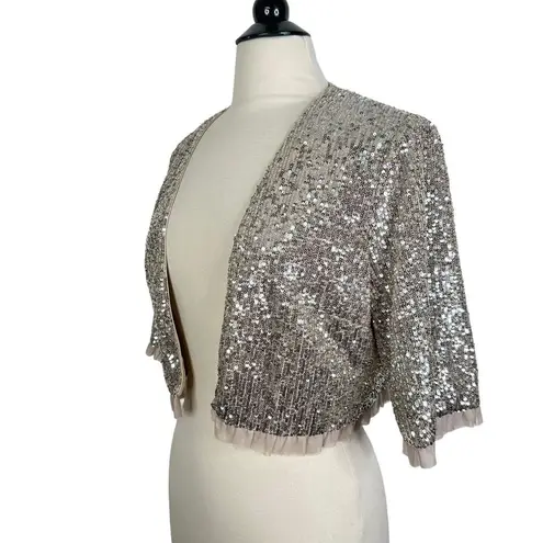 Gal Meets Glam Collection Diana Silver Sequin Crop Bolero Jacket Women's US 12