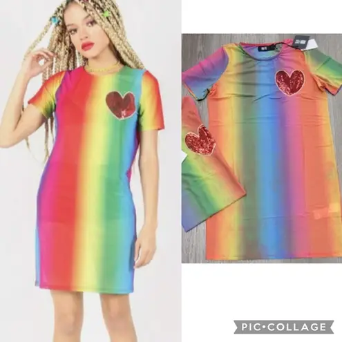 Iron fist NEW! Somewhere Rainbow Sheer Mesh Mini Dress Sequin Heart LARGE Pride