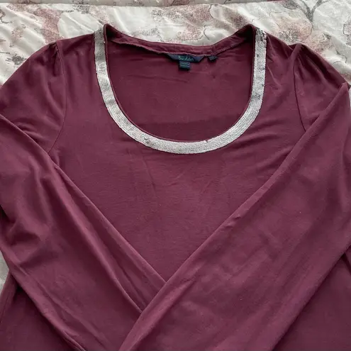 Boden maroon dark red blouse w/silver sequin deep round neck, size 8 preppy