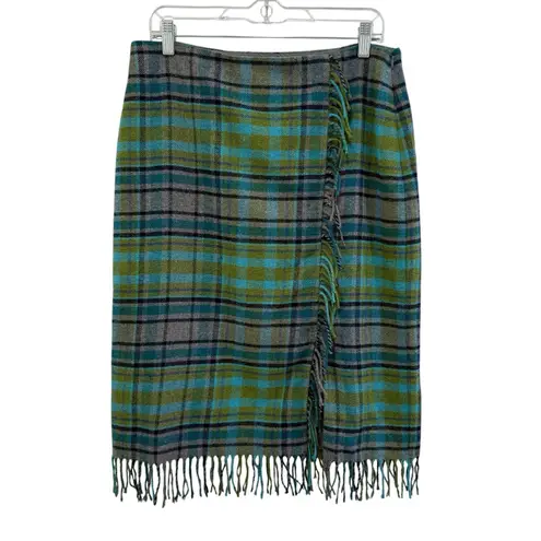J Jill Faux Wrap Plaid Fringe Blanket Skirt Sz 10 Wool Blend Scottish Highlands Green
