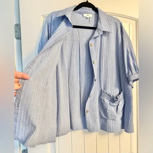 Entro  Oversized Blue Stripe Button down Short Sleeve Shirt with Pockets thumbnail 7