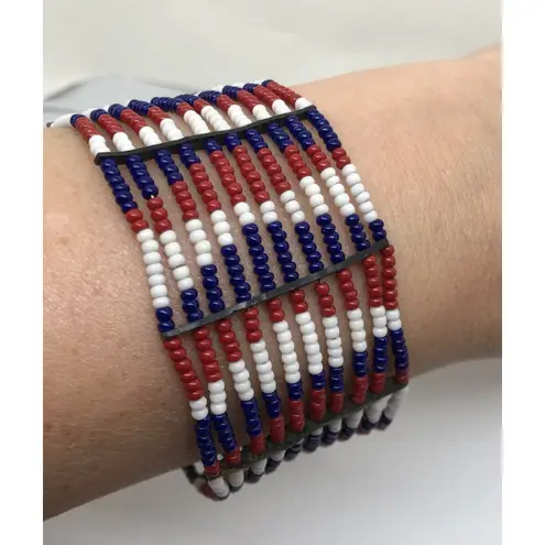 Beautiful Native American Metal and Beaded Cuff Bracelet Red Blue White