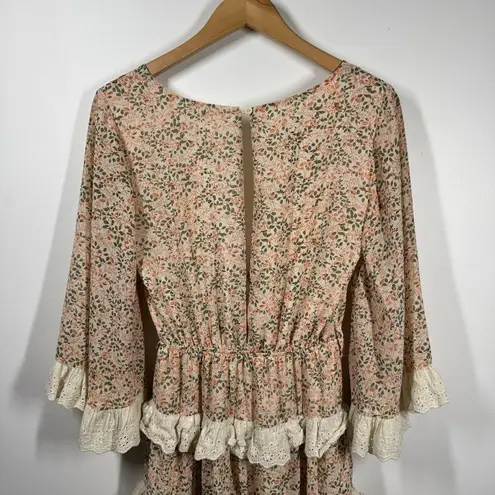 INDIKAH by Angel Biba Women S Tiered Ruffle Boho Mini Dress Floral Lace Peach