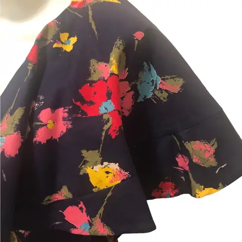 VTG 80’s Deep V Navy Floral Maxi Dress 12/14 Flowy Sleeve Collar Elastic Waist Multiple