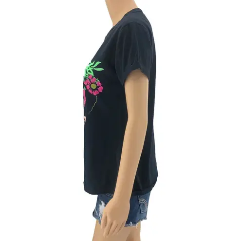 Mexico (XL) Women's Black Dia de los Muertos Floral Skull Frida Kahlo Tee Shirt