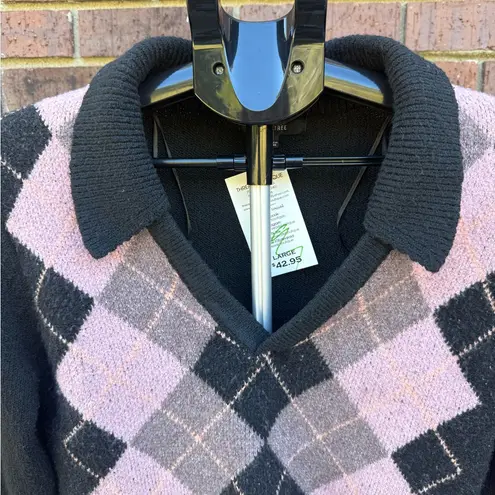 Love Tree  Argyle V Neck Collared Soft Cropped Knit Preppy Sweater Size Large New