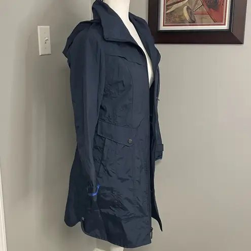 Cole Haan Cole Hahn Packable Hood Rain Coat Womens Size Small navy blue zip hooded tie
