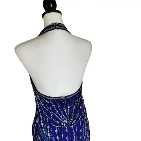 Vintage Elegant Blue and Silver Hand Beaded Women's Dress Size L