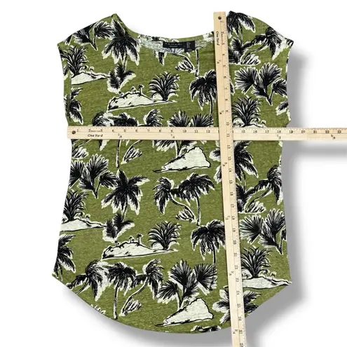 Tahari Tropical Island Print Linen Knit Cap Sleeve Tee Shirt Olive Green Small