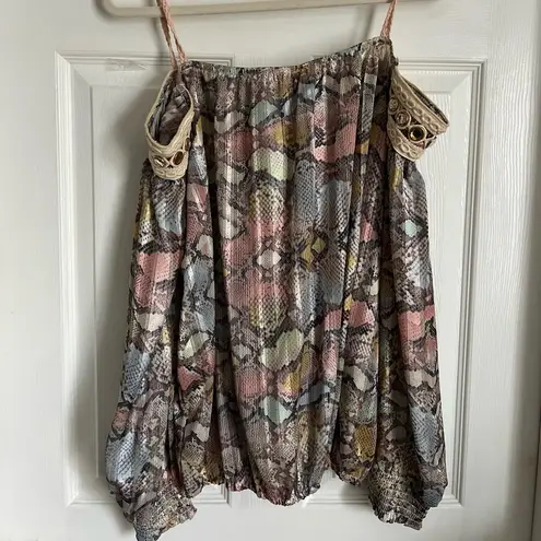 Casting France off the shoulder long sleeve snake print shimmer sheer blouse M Pink Size M