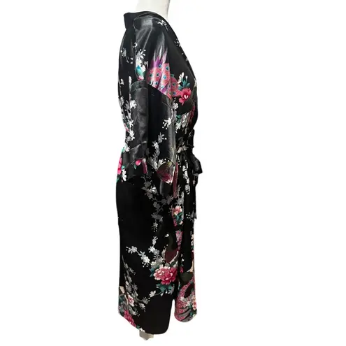Oriental Village Silk Collection Kimono Robe Black w/ Bird Botanical Print Size undefined