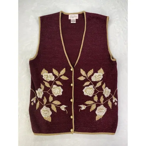 Jaclyn Smith Vintage Sweater Vest Sz L Burgundy Shimmery Holiday Party Button Up