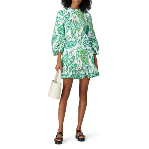 STAUD Green White Paisley Printed Three Quarter Sleeve Caroline Midi Dress sz 12