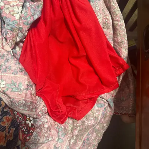 JODIFL Red Floral Maxi Dress Lace up V-Neck sz L boho hippie Long side slits