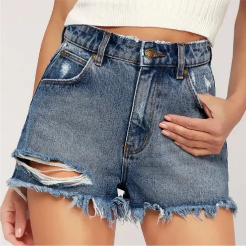 ROLLAS DUSTER HIGH RISE SLIM BLUE DENIM JEAN DISTRESSED SHORTS 27
