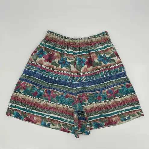 Vintage Shorts Floral Patterned Women Stripe Hawaiian Pleated Elastic Waist Lrg Green Size L
