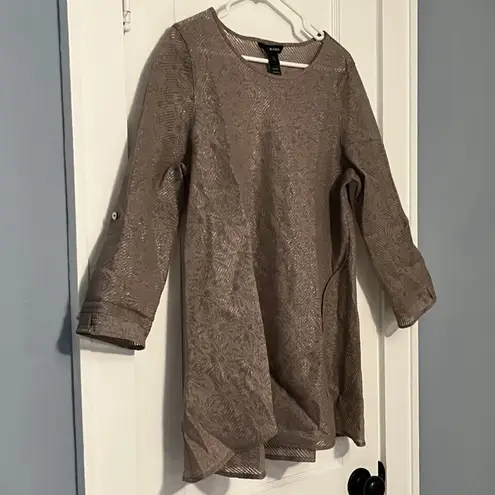 Ali Miles textured tunic top size large floral daisy print stripe sheer metallic Brown