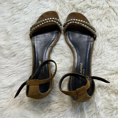 Saint Laurent Tan Studded Suede Ankle-Strap Flat Sandal Women's 38.5
