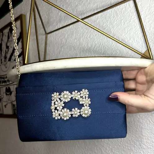 Jessica McClintock Navy Satin Evening Bag Womens NWT Rhinestone Pearl Chain