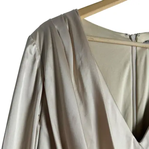 Mac Duggal Champagne Gold Long Sleeve Faux Wrap Slit Satin Evening Gown Size 12