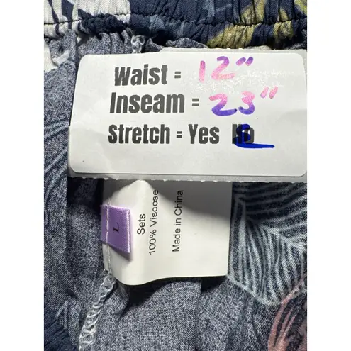 Floral Wide Leg Pants Elastic Waist Drawstring Comfy Loungewear Set 2 pc Size M Blue Size L