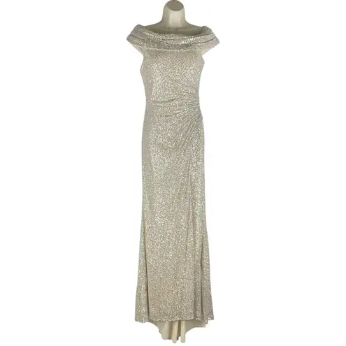 Ieena for Mac Duggal Sequined Drop Shoulder Evening Gown Nude Size 6 Gold